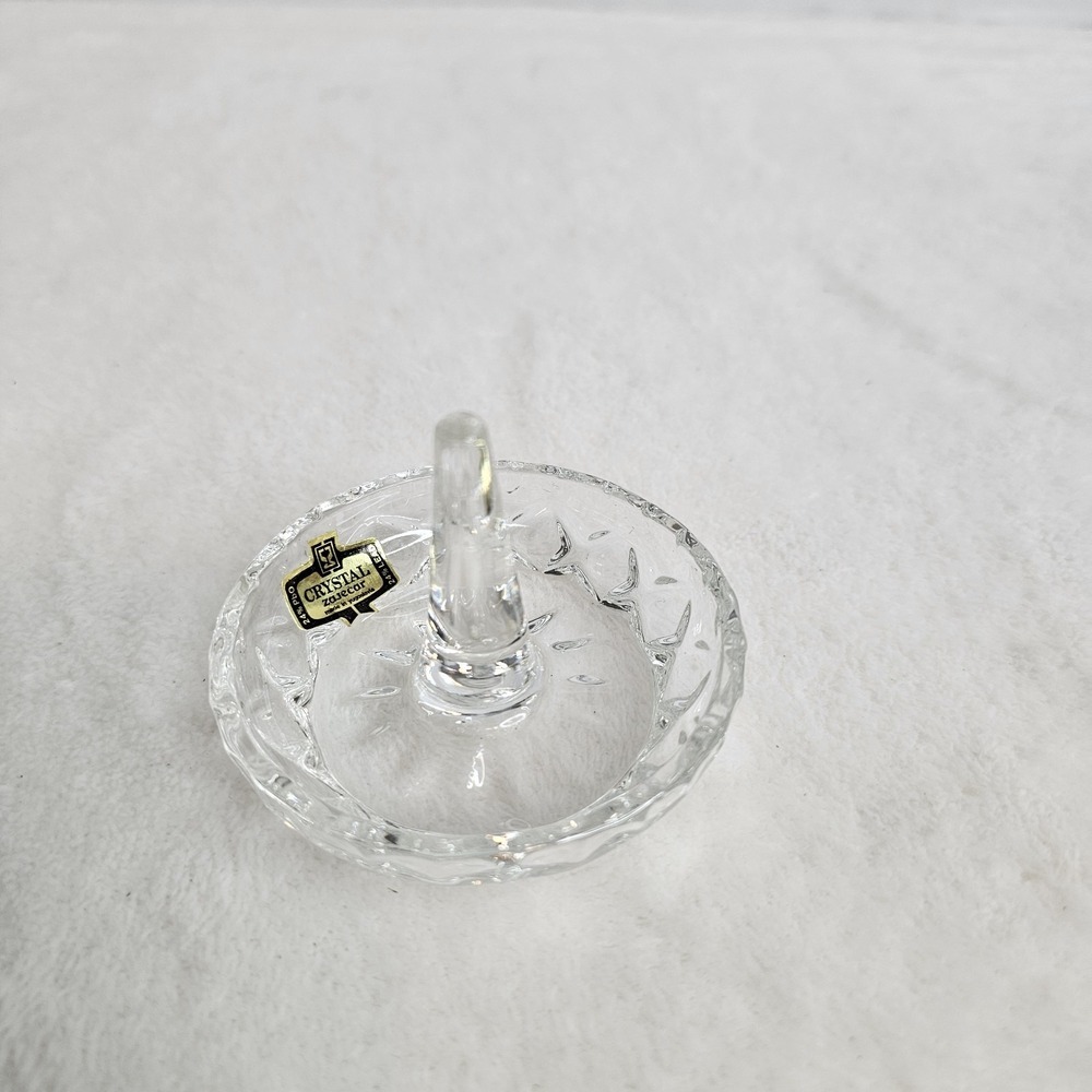 Zajercat Crystal Ring Holder 24% Lead Yugoslavia Vintage Round Base Post Clear